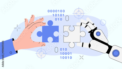 human and robot hands connecting puzzle pieces, vector illustration, technology integration, collaborative problem-solving, and digital solutions