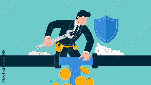 businessman with a wrench fixing a leaking pipe of money vector illustration, financial management