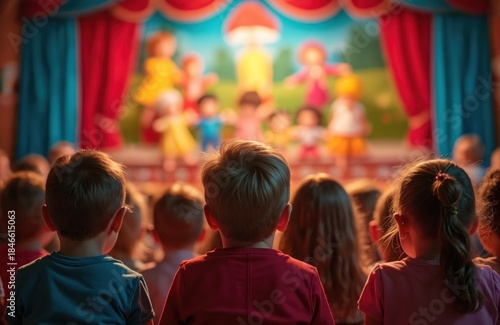 Group of young children attentively observe vibrant puppet show on stage. Colorful backdrop features animated characters, playful scenes. Scene inspires wonder, joy at this family entertainment event.