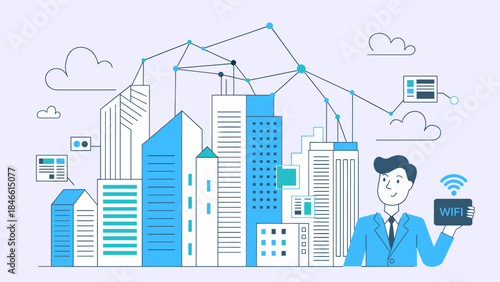 businessman with a wifi router in a connected smart city vector illustration