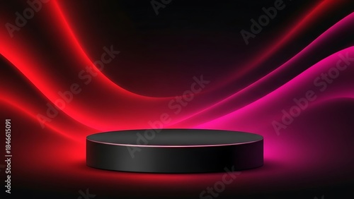 Dramatic red and pink neon light illuminates a sleek black circular platform