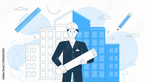 architect holding a blueprint in front of a building transitioning from sketch to completion vector illustration 