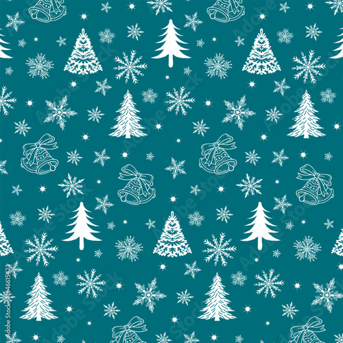 Blue background with outline bells, Christmas trees and snowflakes.Vector seamless pattern of stylized Christmas trees, bells and snowflakes on a colored background.
