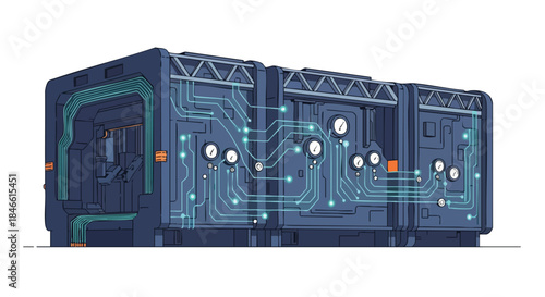 Futuristic modular data center unit with glowing blue circuit pathways and intricate internal wiring systems.