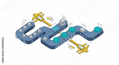 Isometric conveyor belt system with calipers measuring components for quality control in manufacturing.