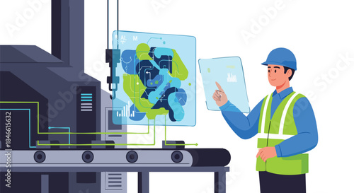 A factory worker monitors an automated production line using a futuristic holographic interface, showcasing advanced industrial technology and data analysis.