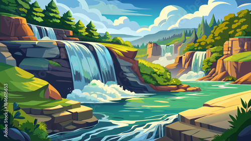 Very beautiful summer view of Sandstone Falls along the New River, cascading water over rock formations, lush surroundings, and dynamic natural energy captured in vector illustration.
