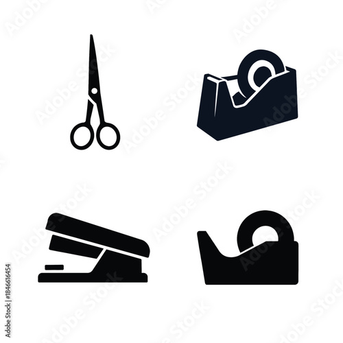 Assortment of Four Black Silhouette Office and Craft Tools Scissors Tape Dispenser