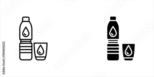 Water Bottle and Glass with Droplets Line Icon set, Need for Consuming Clean Water and Staying Hydrated Outline Symbol. Isolated Vector Illustration. Vector illustration, eps10.