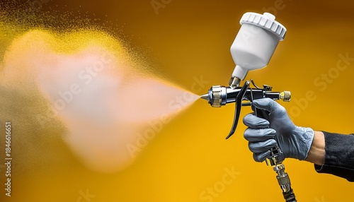 Hands wearing protective gloves and using a paint spray gun, spraying paint in a mist, Generated with AI.