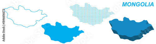 Mongolia Map Vector Set, Central Asia Outline Silhouette Dotted 3D Solid Shapes, Mongolia Country Infographic Template, Editable EPS Mongolia Geography