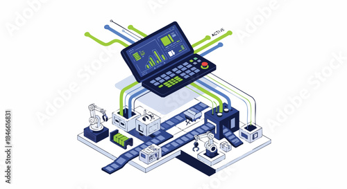 An intricate isometric illustration showcases a modern smart factory, highlighting automated production processes, data analysis, and advanced industrial technology.