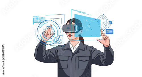 A woman wearing a virtual reality headset interacts with advanced holographic user interfaces, exploring immersive digital data and futuristic technological innovations.