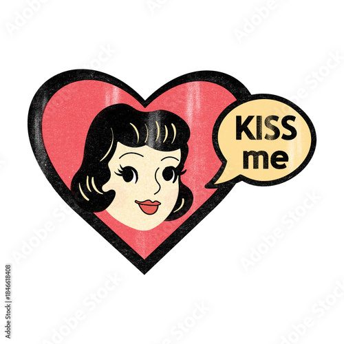Retro pin-up girl illustration inside a red heart with “kiss me” speech bubble. Vintage print style with grainy texture, inspired by mid-century Americana. Ideal for Valentine’s Day designs and prints