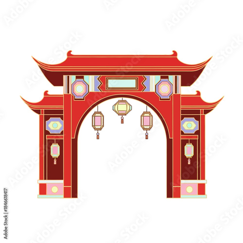 Vibrant traditional Chinese archway illustration, featuring intricate cultural designs and festive hanging lanterns, symbolizing an elegant entrance and rich heritage