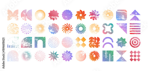 Colorful geometric shapes, modern grunge symbols. Simple primitive elements and forms, distressed details. Retro design, aged, vintage, trendy contemporary minimalist style, y2k. Vector illustration