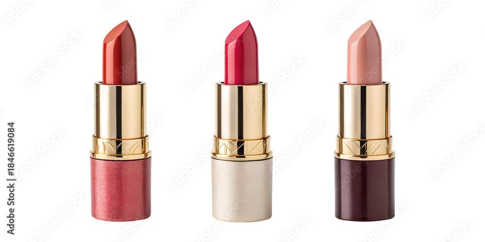 Fototapeta premium Three lipsticks in different shades and textures isolated on transparent background