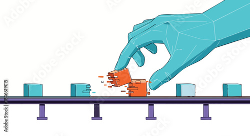 A polygonal robotic hand meticulously places orange blocks onto a conveyor belt, symbolizing manufacturing and automation.