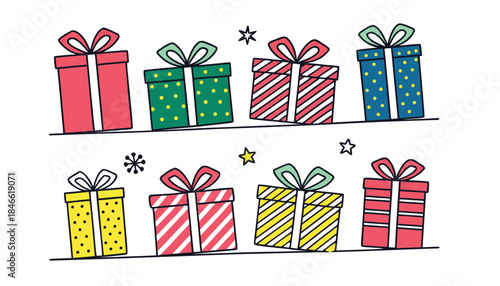 Colorful Row Of Gift Boxes With Ribbons For Christmas And Holiday Celebration
