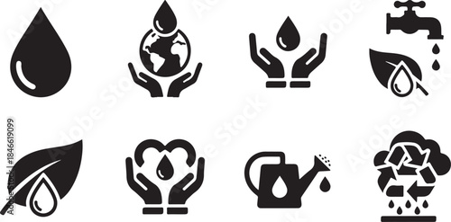 Eco friendly water conservation icons set for sustainable living