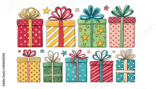 Colorful Gift Boxes With Ribbons And Stars For Celebration And Holiday Gift Giving



