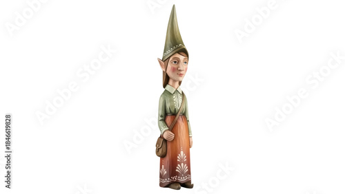 Canvas Print Isolated figurine of girl with pointed hat and purse stands in studio lighting a