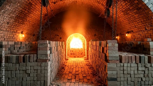 Brick kiln interior with glowing furnace and stacked bricks