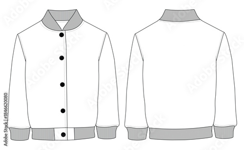 Classic Varsity Bomber Jacket Vector Template – Front and Back View, Rib Collar and Cuffs