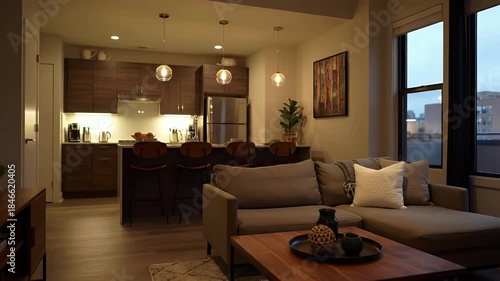 Wallpaper Mural Cozy Contemporary Living Room with Warm Lighting and City View Through Large Windows Torontodigital.ca