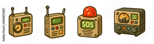 Retrofuturistic radio devices cartoon icons set, walkie talkies sos alerts