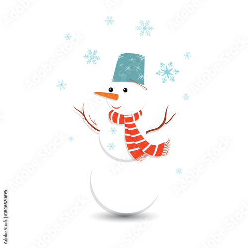 Happy snowman on a winter background, Christmas card. Cute snowman in a hat