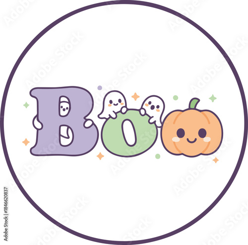 Vector illustration of the word "Boo" styled with cute ghosts and a smiling pumpkin, enclosed in a circle frame