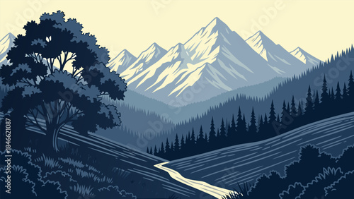 A serene landscape painting depicting snow-capped mountains, rolling hills, and a winding path through a forest.