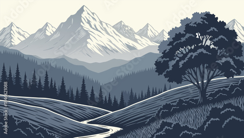 A serene landscape painting depicting rolling hills, a winding river, and majestic snow-capped mountains under a pale sky.