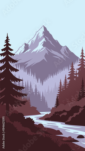 A majestic snow-capped mountain looms over a winding river and dense pine forest.