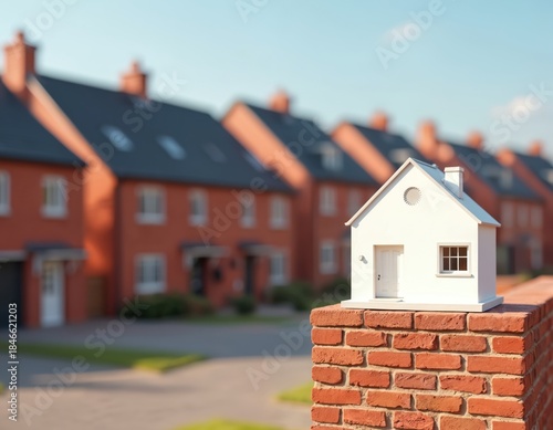 Fototapeta Naklejka Na Ścianę i Meble -  White small house model stands on red brick wall. Blurred residential street with modern red brick homes, dark roofs in background under clear blue sky. New property development, home ownership, real