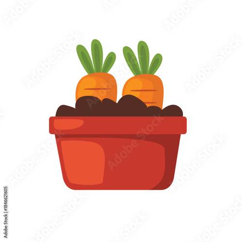 Vegetable planter icon vector illustration, carrot in flower pot vector image, container plants vegetables clipart. Perfect for gardening, urban farming, and home plant design projects