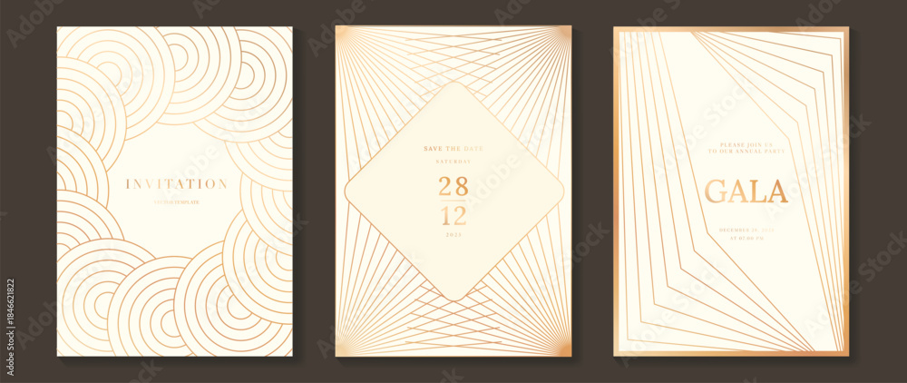 Naklejka premium Luxury art deco vector invitation card set with gold line geometric patterns on cream background. Elegant premium design for gala event wedding celebration poster and branding.