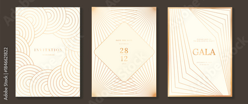 Luxury art deco vector invitation card set with gold line geometric patterns on cream background. Elegant premium design for gala event wedding celebration poster and branding.