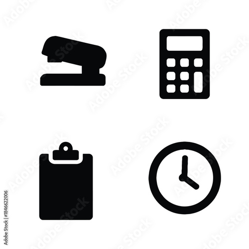 Black Silhouette Icons of Office Equipment Including Stapler Calculator Clipboard and Clock