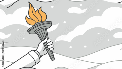 Hand holding torch with flames on snowy landscape background