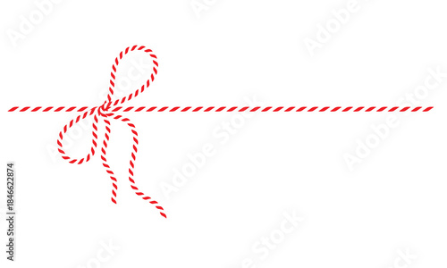 Red and White String Rope with Crossed Bow Isolated on White background. symbolizing gift wrapping, holidays, celebration, and handmade packaging on white  background.