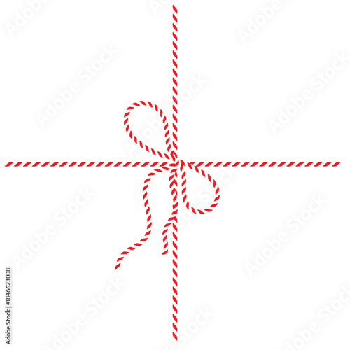 Red and White String Rope with Crossed Bow Isolated on White background. symbolizing gift wrapping, holidays, celebration, and handmade packaging on white  background.