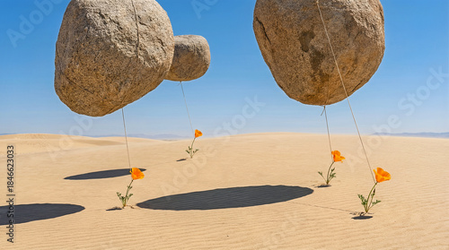 Surreal Desert Flowers Supporting Floating Boulders as Fragile Strength Concept