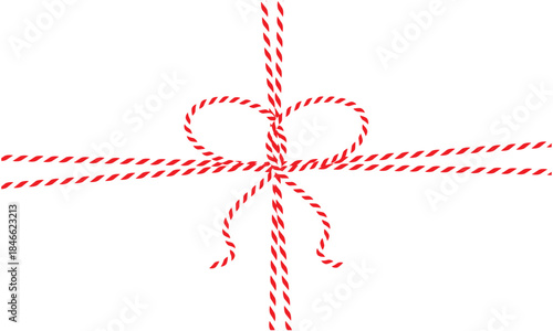 Red and White String Rope with Crossed Bow Isolated on White background. symbolizing gift wrapping, holidays, celebration, and handmade packaging on white  background.