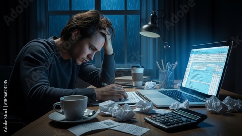 Caucasian man stressed doing taxes late at night, overwhelmed by tax form. Financial burden and deadline concept for accountant.