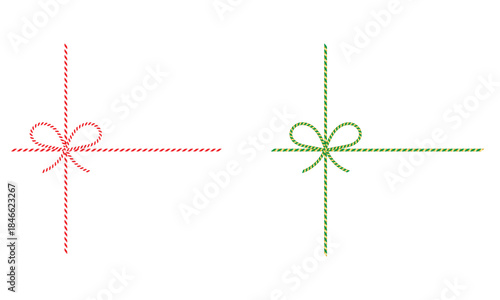 Red and White String Rope with Crossed Bow Isolated on White background. symbolizing gift wrapping, holidays, celebration, and handmade packaging on white  background.