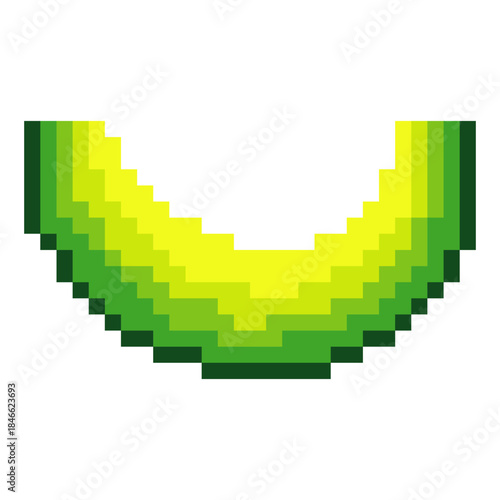 Melon fruit slice with pixel art isolated on white background.