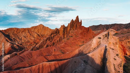Fairytale Canyon or Shazka Canyon red rock formation and rugged terrain in Kyrgyzstan