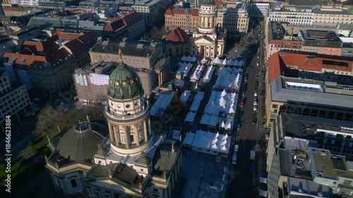 Magical Christmas market at Gendarmenmarkt Berlin. Perfect aerial view drone